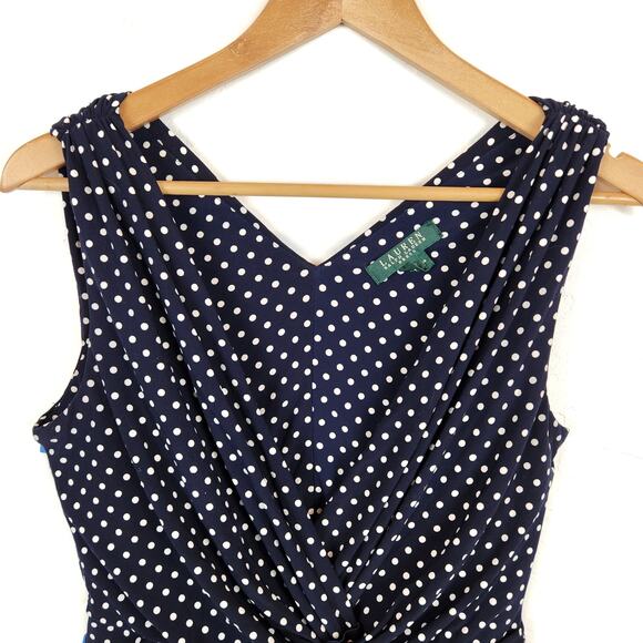 Lauren Ralph Lauren Women's Stretch Knit Sleeveless Polka Dot Dress Navy Blue 12 - Picture 4 of 6
